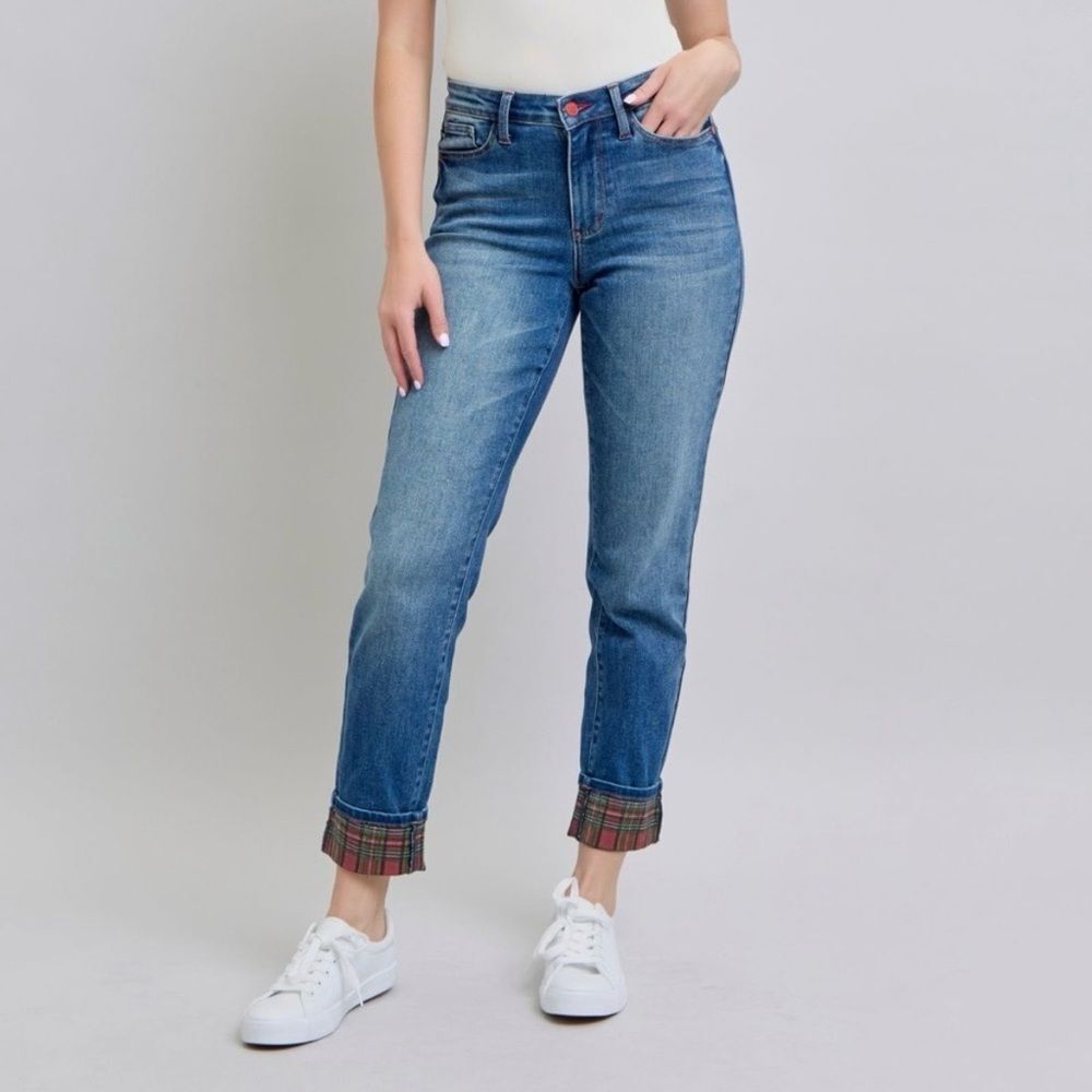 Judy Blue Plaid Cuff Boyfriend Fit Straight Leg Denim Jeans Women’s Size 3 26